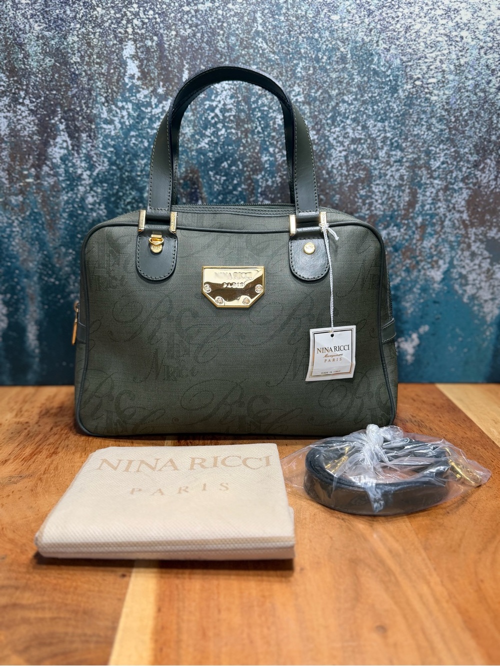 Nina Ricci 2010s Parisian Bottle Green Monogram Satchel Crossbody Bag
